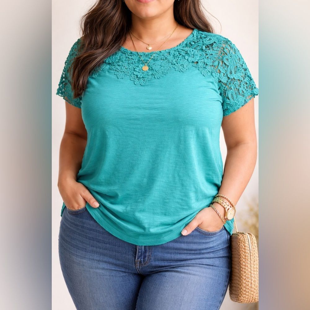 Charter Club XXL Teal Crochet Lace Yoke Cotton Top Short Sleeve